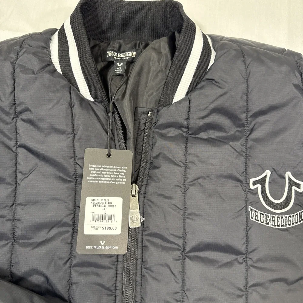 JACKET PUFFER True Religion MENS LRG BOMBER QUILTED COAT WHT TRIM NWT 107823